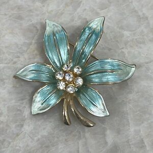 Blue Rhinestone Flower Leaf Brooch